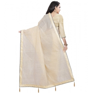 Generic Women's Cotton Silk Checkered Saree With Unstitched Blouse 5.5Mtr (Cream)