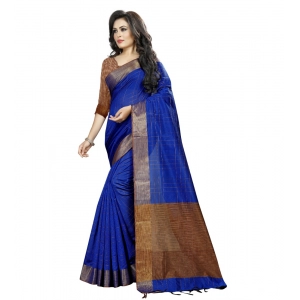Generic Women's Cotton Silk Self Design Saree With Unstitched Blouse 5.5Mtr (Blue)