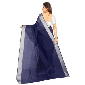Generic Women's Cotton Silk Self Design Saree With Unstitched Blouse 5.5Mtr (Blue)