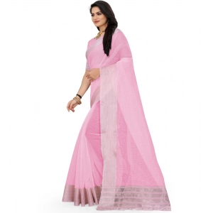 Generic Women's Cotton Jute Self Design Saree With Unstitched Blouse 5.5Mtr (Pink)