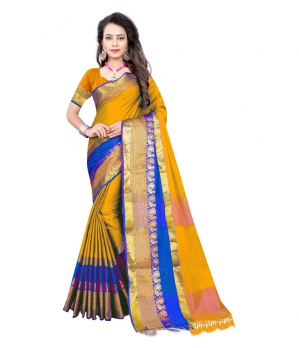 Women's Jacquard Woven Saree With Unstitched Blouse 5.5Mtr (Yellow)