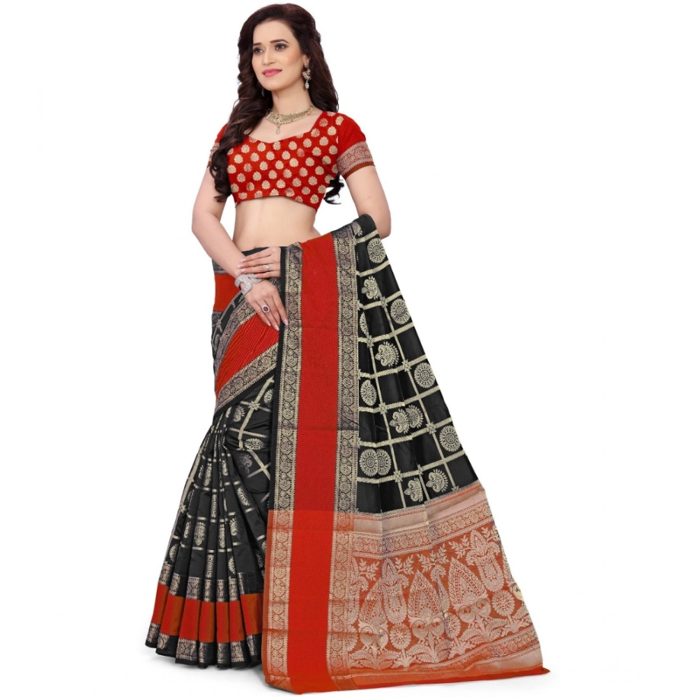 Women's Jacquard Woven Saree With Unstitched Blouse 5.5Mtr (Red-Black) Women's Jacquard Woven Saree With Unstitched Blouse 5.5Mtr (Red-Black)