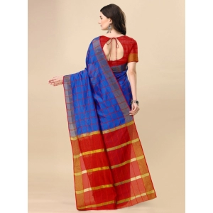 Generic Women's Cotton Silk Checkered Saree With Unstitched Blouse 5.5Mtr (Blue)