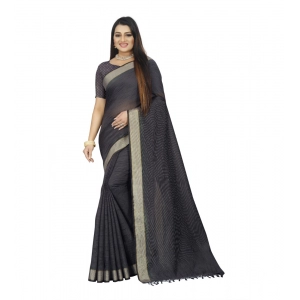 Generic Women's Cotton Blend Solid/Plain Saree With Unstitched Blouse 5.5Mtr (Grey)