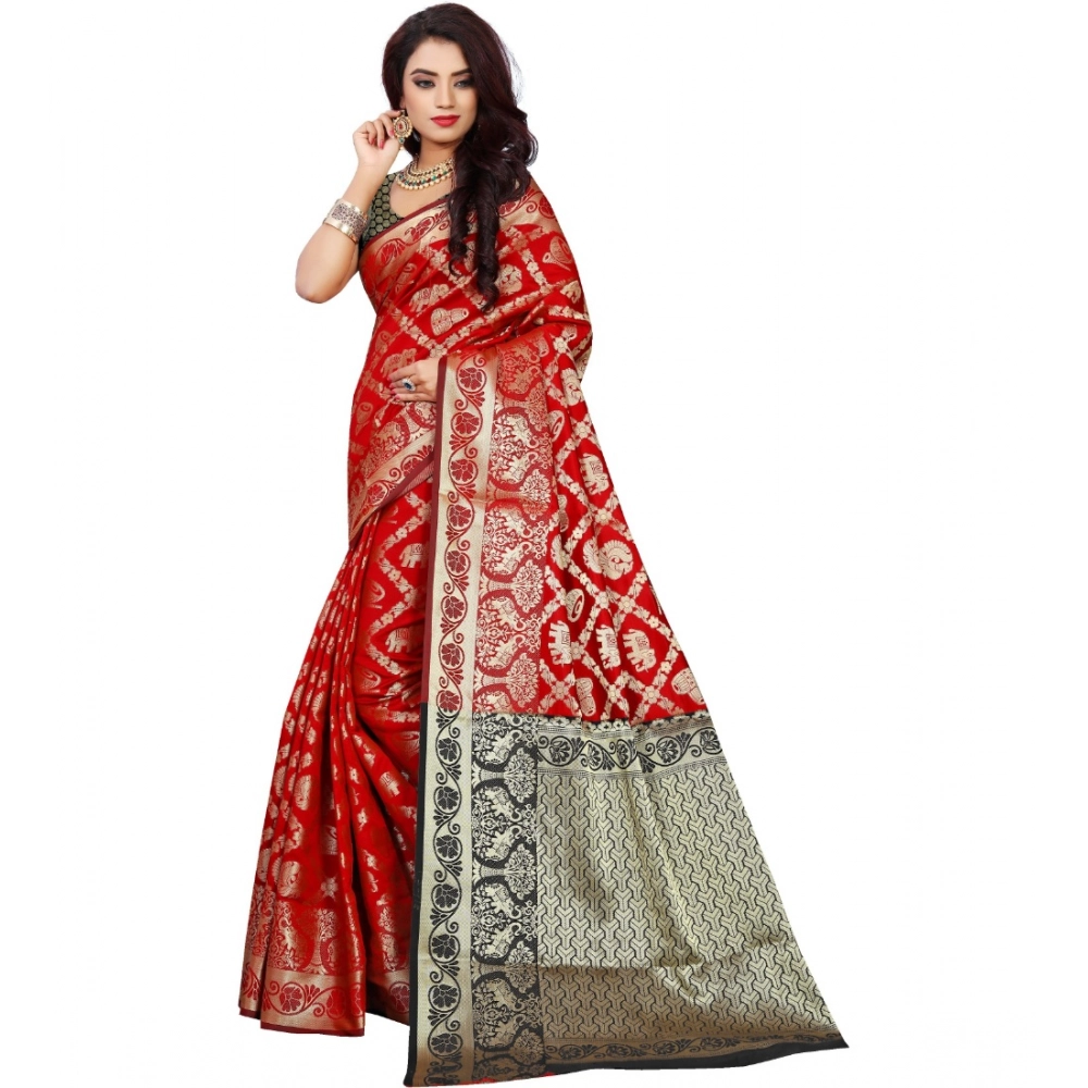 Women's Jacquard Woven Saree With Unstitched Blouse 5.5Mtr (Red) Women's Jacquard Woven Saree With Unstitched Blouse 5.5Mtr (Red)