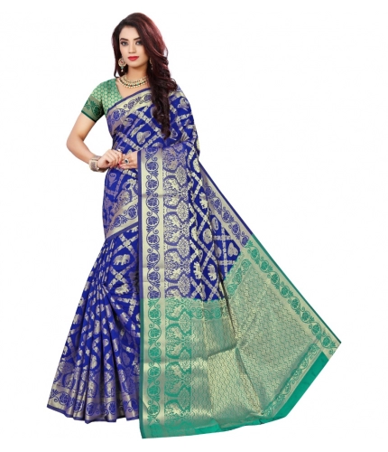 Women's Jacquard Woven Saree With Unstitched Blouse 5.5Mtr (Blue)