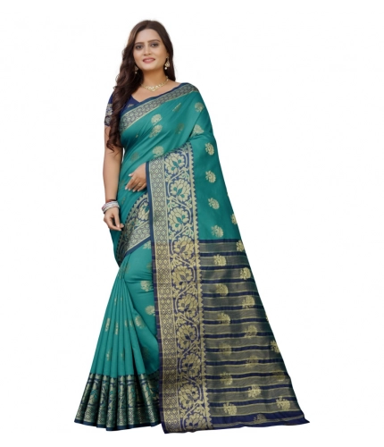 Women's Silk Blend Woven Saree With Unstitched Blouse 5.5Mtr (Dark Blue-Green)