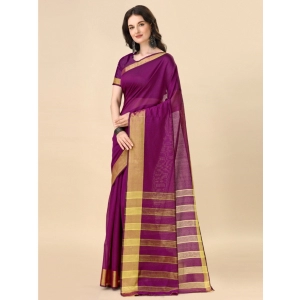 Generic Women's Cotton Silk Striped Saree With Unstitched Blouse 5.5Mtr (Purple)