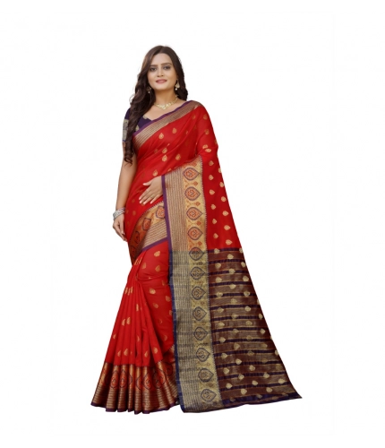 Women's Silk Blend Woven Saree With Unstitched Blouse 5.5Mtr (Purple-Red)