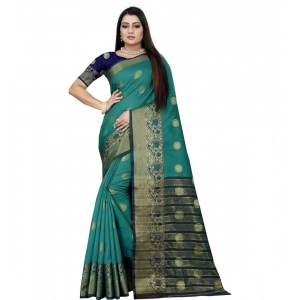 Generic Women's Silk Blend Woven Saree With Unstitched Blouse 5.5Mtr (Green-Blue)