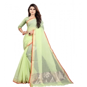 Generic Women's Cotton Silk Checkered Saree With Unstitched Blouse 5.5Mtr (Green)