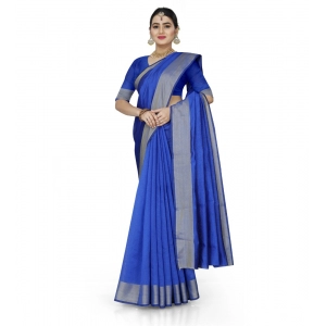 Generic Women's Cotton Silk Self Design Saree With Unstitched Blouse 5.5Mtr (Blue)