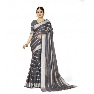 Generic Women's Cotton Silk Striped Saree With Unstitched Blouse 5.5Mtr (Grey)