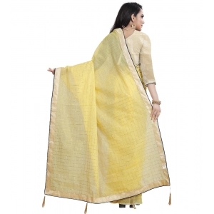 Generic Women's Cotton Silk Checkered Saree With Unstitched Blouse 5.5Mtr (Yellow)