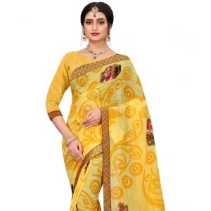 Generic Women's Georgette Floral Print Saree With Unstitched Blouse 5.5Mtr (Yellow)