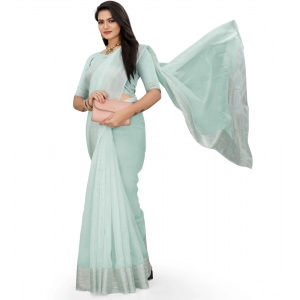 Generic Women's Cotton Jute Self Design Saree With Unstitched Blouse 5.5Mtr (Sky Blue)