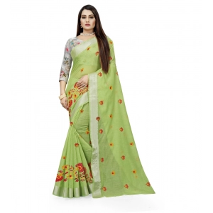 Generic Women's Cotton Silk Embroidered Saree With Unstitched Blouse 5.5Mtr (Light Green)