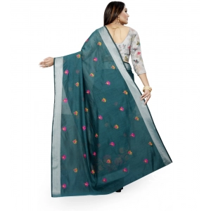 Generic Women's Cotton Silk Embroidered Saree With Unstitched Blouse 5.5Mtr (Dark Green)