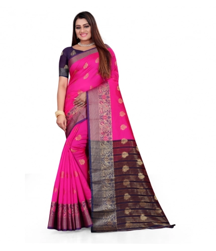 Women's Silk Blend Woven Saree With Unstitched Blouse 5.5Mtr (Pink)