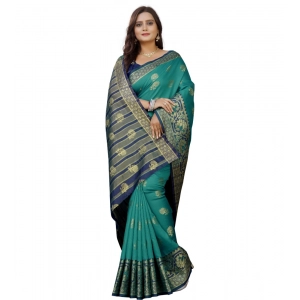 Generic Women's Silk Blend Woven Saree With Unstitched Blouse 5.5Mtr (Dark Blue-Green)