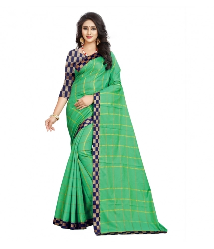Women's Cotton Silk Checkered Saree With Unstitched Blouse 5.5Mtr (Green)