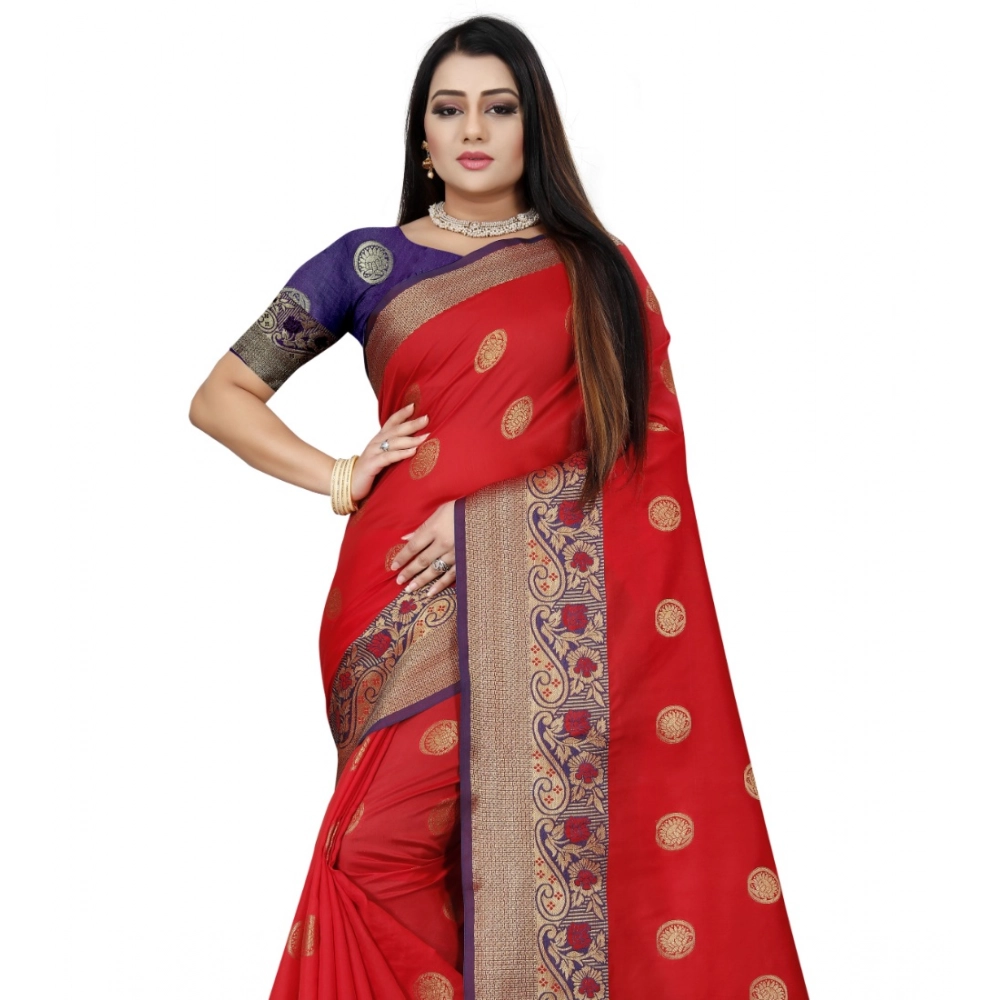 Women's Silk Blend Woven Saree With Unstitched Blouse 5.5Mtr (Red-Blue) Women's Silk Blend Woven Saree With Unstitched Blouse 5.5Mtr (Red-Blue)