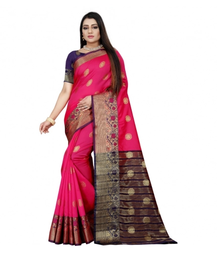 Women's Silk Blend Woven Saree With Unstitched Blouse 5.5Mtr (Blue-Pink)