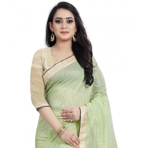 Generic Women's Cotton Silk Checkered Saree With Unstitched Blouse 5.5Mtr (Light Green)