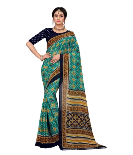Women's Georgette Floral Print Saree With Unstitched Blouse 5.5Mtr (Dark Green)