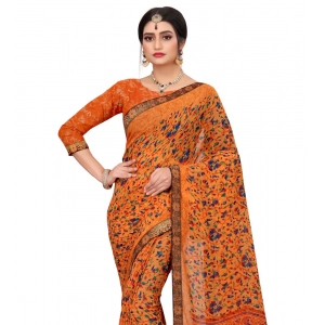 Generic Women's Georgette Floral Print Saree With Unstitched Blouse 5.5Mtr (Orange)