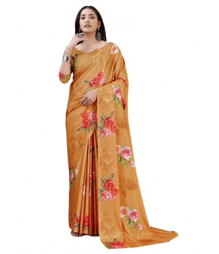 Women's Crepe Digital Print Saree With Unstitched Blouse 5.5Mtr (Mustard)