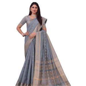 Generic Women's Silk Blend Woven Saree With Unstitched Blouse 5.5Mtr (Grey)