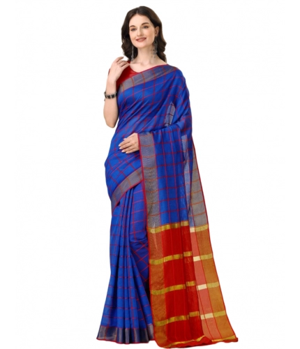 Women's Cotton Silk Checkered Saree With Unstitched Blouse 5.5Mtr (Blue)