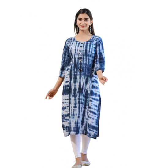 Women's Cotton Dyed 3/4 Sleeve Round Neck Kurti (Blue)