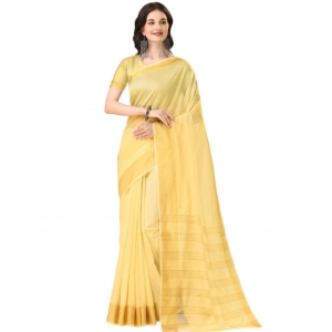 Generic Women's Cotton Silk Striped Saree With Unstitched Blouse 5.5Mtr (Yellow)