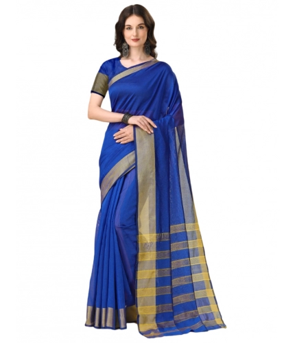 Women's Cotton Silk Striped Saree With Unstitched Blouse 5.5Mtr (Multicolor)