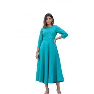 Generic Women's Cotton Solid 3/4 Sleeve Round Neck Kurti (Green)