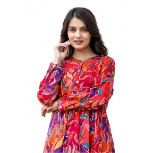 Generic Women's Cotton Printed Full Sleeve Mandarin collar Top (Red)