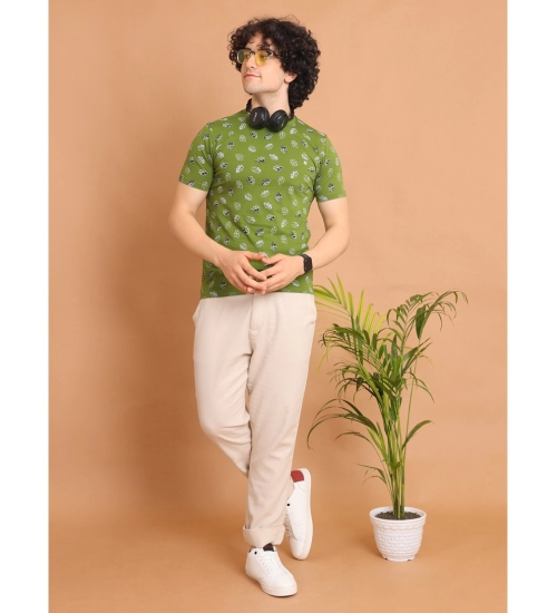 Men's Casual Cotton Printed Round Neck Half Sleeve T-Shirt (Green)