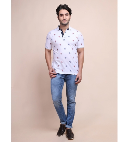 Men's Casual Cotton Printed Polo Neck Half Sleeve T-Shirt (White)