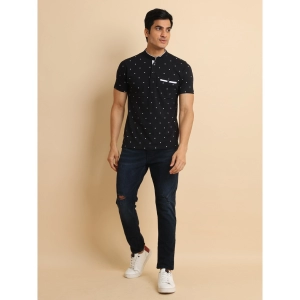 Generic Men's Casual Cotton Printed Mandarin Collar Half Sleeve T-Shirt (Black)