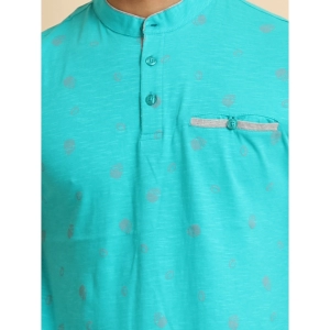 Generic Men's Casual Cotton Printed Mandarin Collar Half Sleeve T-Shirt (Seagreen)