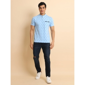 Generic Men's Casual Cotton Printed Mandarin Collar Half Sleeve T-Shirt (Skyblue)