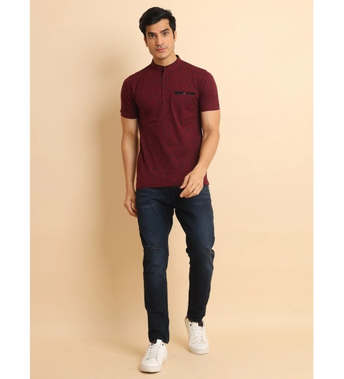 Men's Casual Cotton Printed Mandarin Collar Half Sleeve T-Shirt (Plum)
