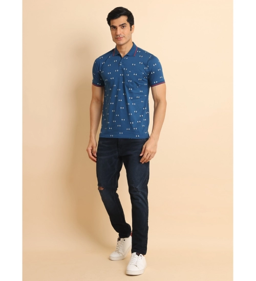 Men's Casual Cotton Printed Polo Neck Half Sleeve T-Shirt (Blue)