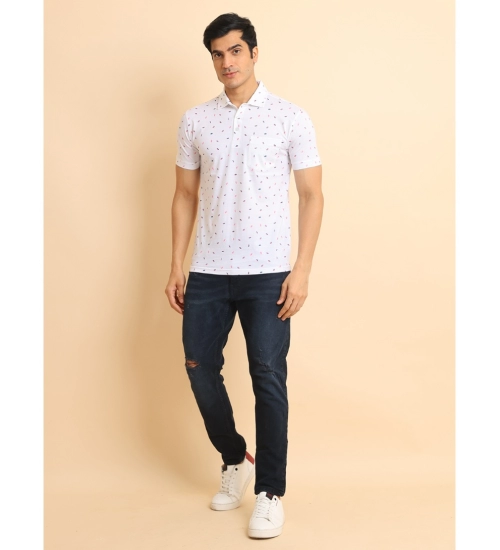 Men's Casual Cotton Printed Polo Neck Half Sleeve T-Shirt (White)