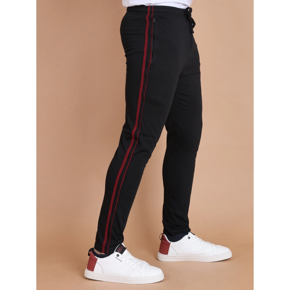 Men's Casual Cotton Striped Full Length Track Pant (Black)
