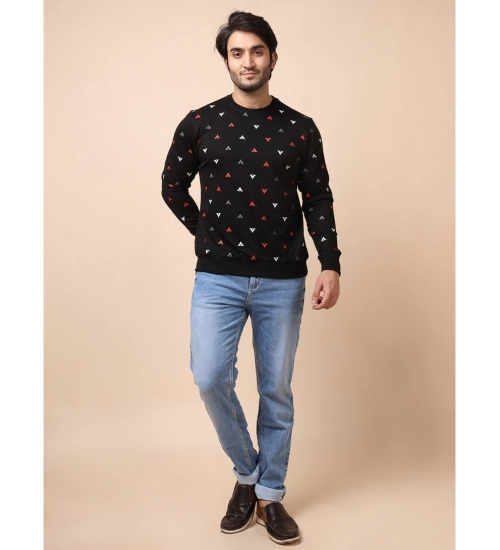 Men's Casual Cotton Printed Round Neck Full Sleeve Sweat T-Shirt (Black)