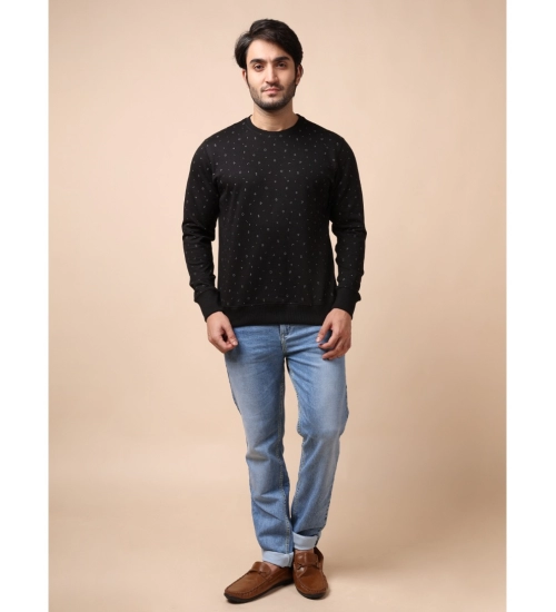Men's Casual Cotton Printed Round Neck Full Sleeve Sweat T-Shirt (Black)