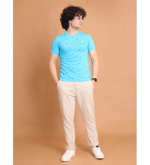 Men's Casual Cotton Printed Round Neck Half Sleeve T-Shirt (Skyblue)